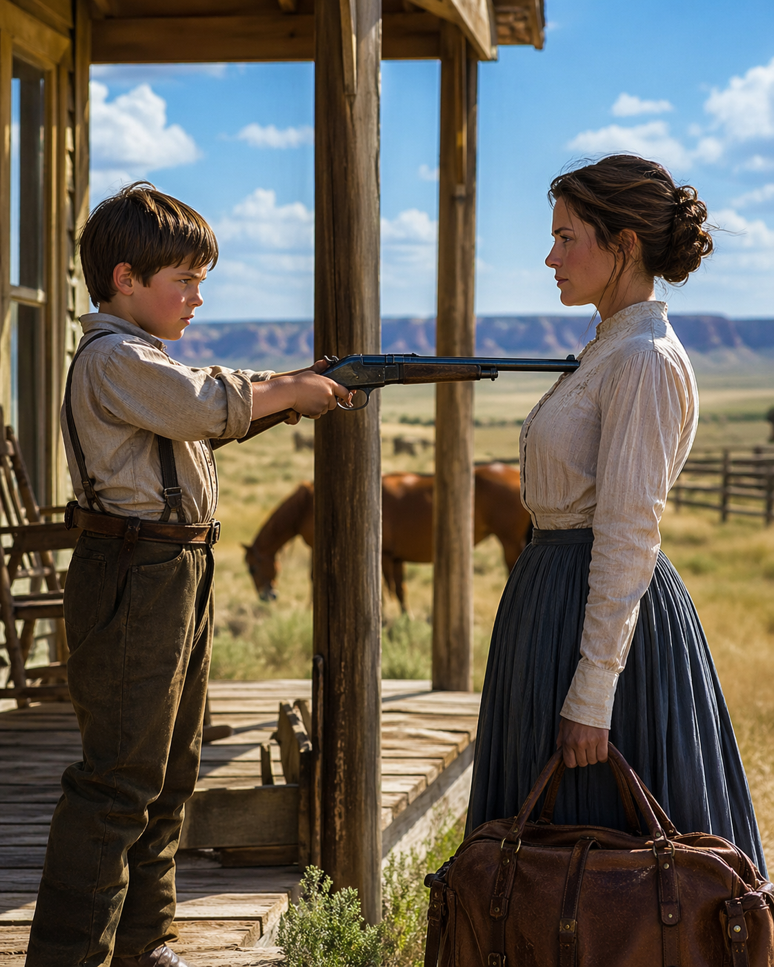 “Pa Ain’t Here and We Don’t Need No New Ma,” the Boy Said, His Rifle Pointed at Her Heart — She Had Traveled Two Thousand Miles for a Husband Who Vanished. She Stayed Anyway.