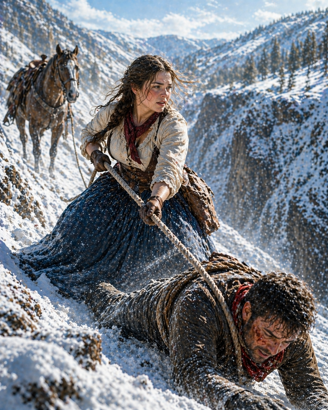 The Horse Came Back Without Him — She Grabbed a Rope, Followed the Tracks Into the Blizzard, and Dragged Him Out of the Ravine Inch by Inch
