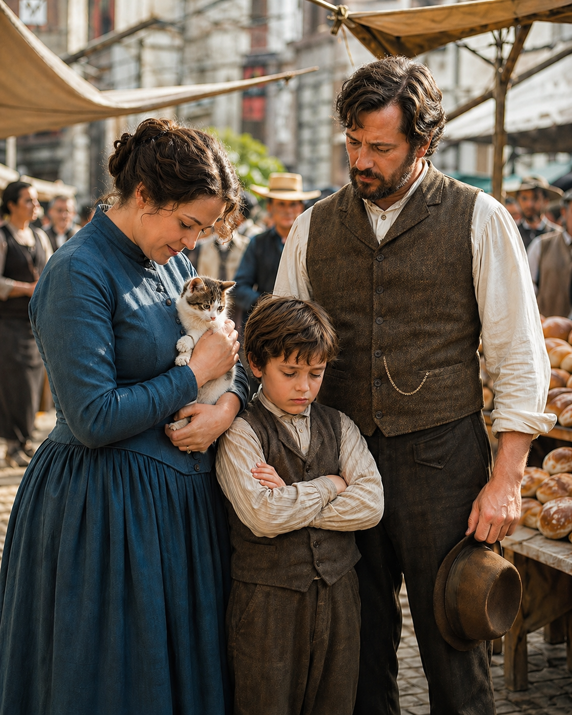 “Can You Talk to a Boy Who Has Never Answered?” the Cowboy Asked the Woman the Whole Market Had Just Mocked — She Said “My Cat Comes With Me” and Walked to His Wagon