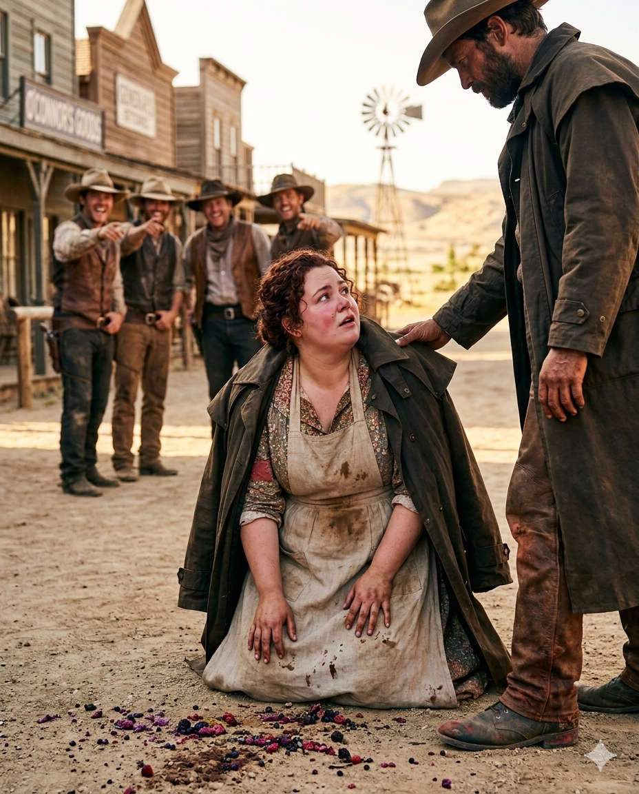 She gathered crushed berries from the dirt as they laughed — then the stranger in worn boots stepped forward, draped his coat over her shoulders, and said, “The work is mine.” Why would a man with nothing risk everything for her?