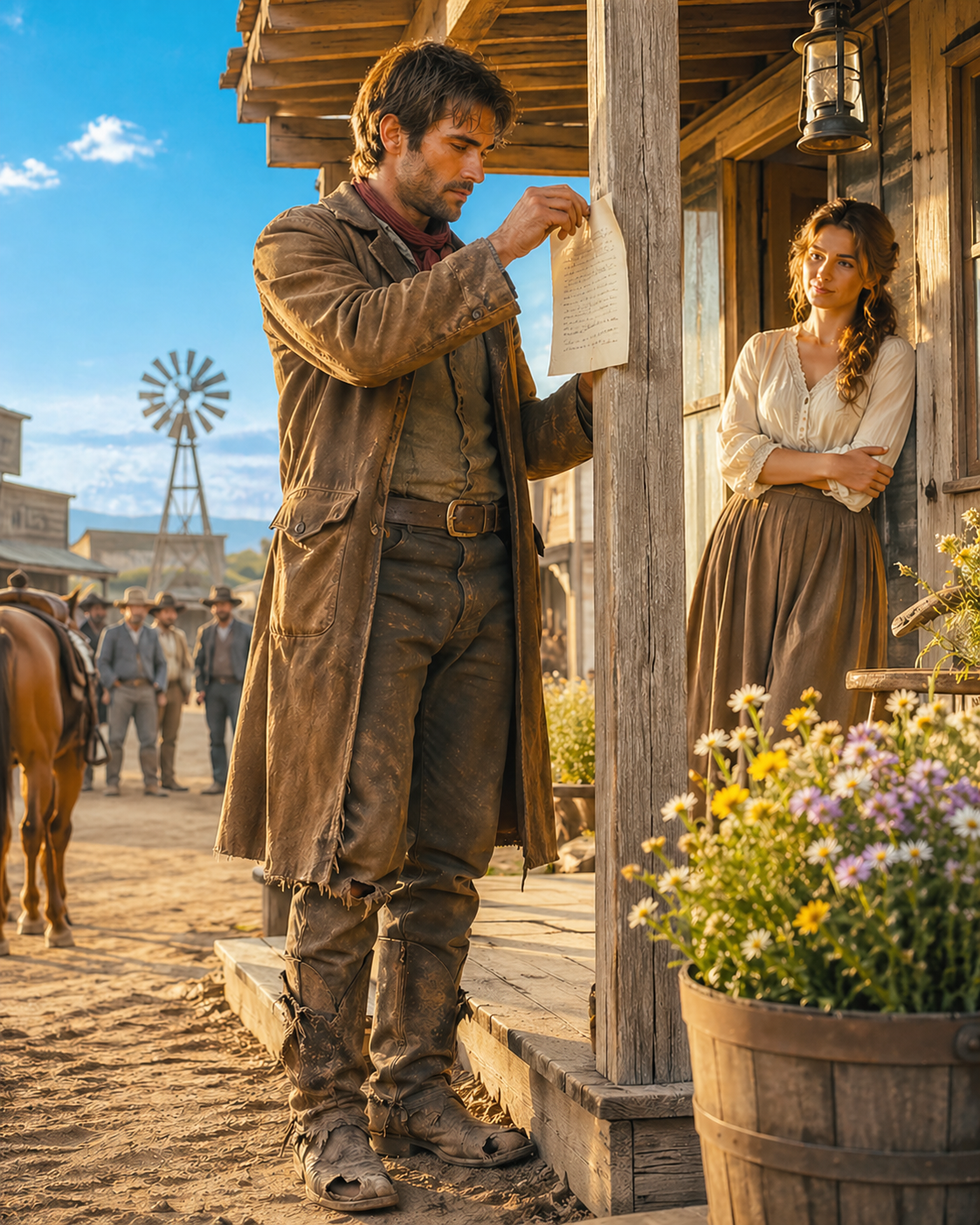 Her mail-order groom arrived in torn boots and silence — but when the town turned its back, he hung her first letter on the porch beam. Can broken men build homes from paper and dust?