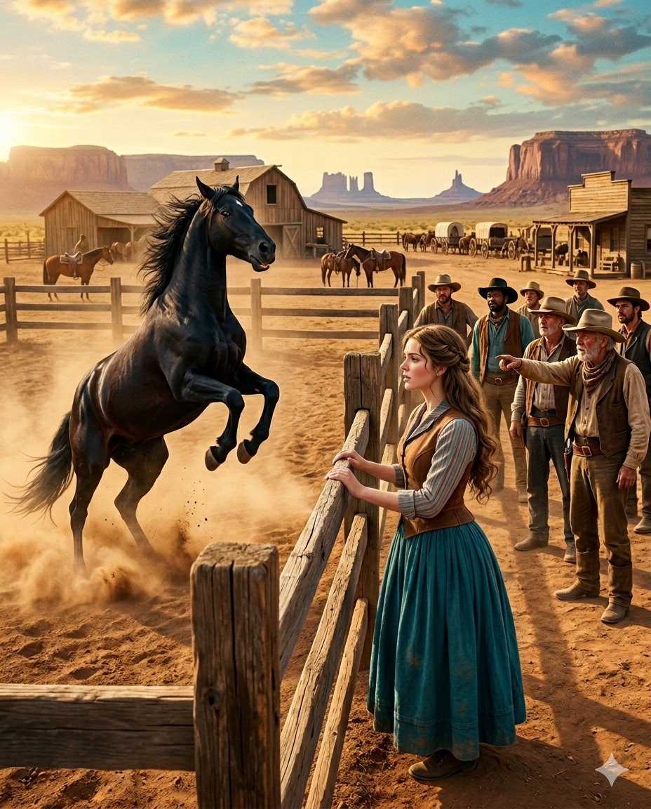Elena trembles before the black stallion’s scream, townsmen warn: “He’ll kill you if you get close” — She stands still at the fence for three days, humming her mother’s lullaby — Will patience break what 32 cowboys couldn’t?