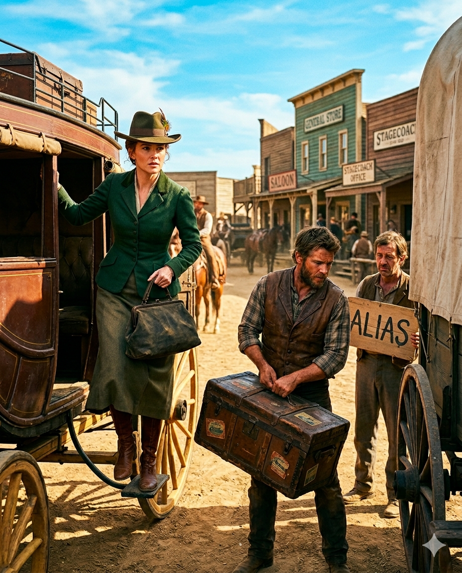 Eleanor Voss stepped off the stagecoach with a borrowed name and a death sentence in her reticule, a stranger waiting with a sign bearing her alias — Mason Reed picked up her trunk and said: “Wagon’s this way” — why does a practical man choose the most inconvenient thing?ook tạo ảnh, cỡ 4:5 mang vibe điện ảnh nghệ thuật, màu tươi sáng, sinh động, hấp dẫn    bối cảnh cao bồi miền tây