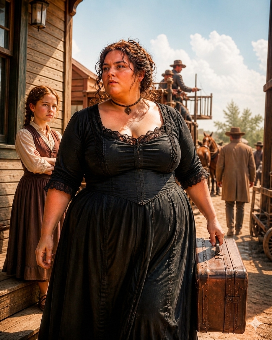 Ruth stood on the porch with her arms crossed and said nothing when the large widow climbed down from the stage — Della picked up her own trunk before Jacob could decide whether to help and said: “Someone show me to my room” — Ruth, startled out of her prepared hostility, led the way — what does a woman do when every door has already decided to stay closed before she knocks?