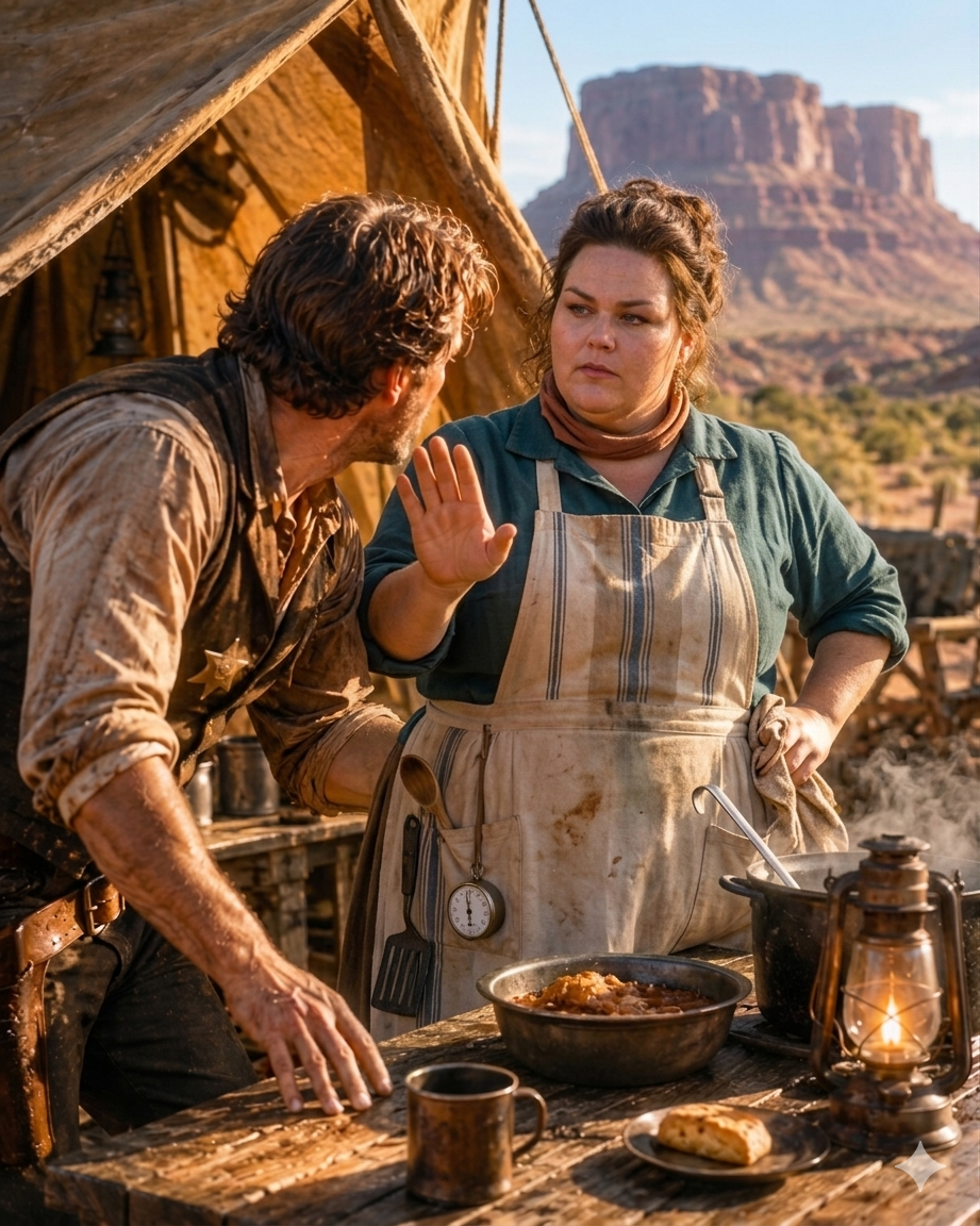 The Starving Marshal Stumbled Into Her Camp—Then the Woman Nobody Wanted Slapped His Hand and Told Him to Slow Down