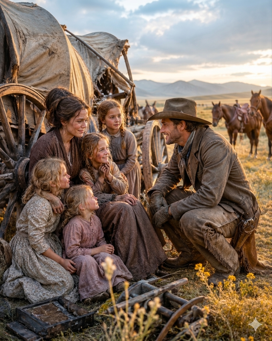 A Widow With Five Daughters Sat Crying by a Broken Wagon — Then a Lonely Rancher Said “Then I Have Six Reasons to Smile” and Changed All Their Lives