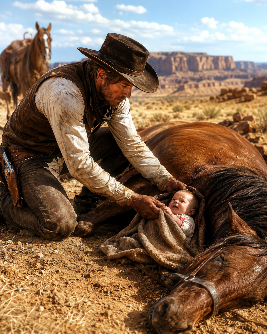 He Found a Baby Crying Under a Dead Horse in the Dust—Eliza Harper Had Hidden Her There—And the Key Was Why Vane Shot the Mare