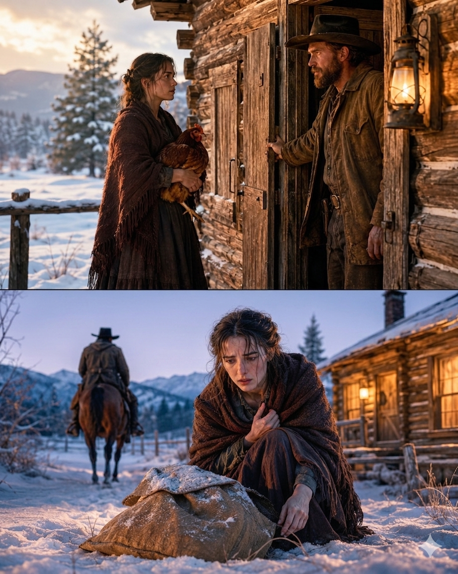 She Knocked on the Lumberjack’s Door Carrying a Hen—But the Burlap Sack Left in the Snow That Night Exposed Who Had Followed Her