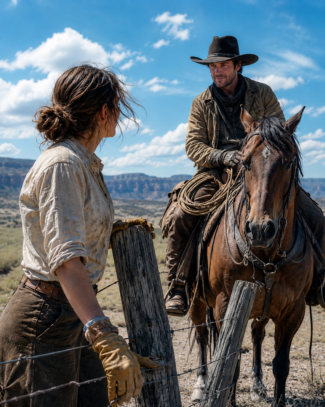 She Was Losing the Fence Post in the Heat—But the Stranger Who Rode Out of the Dust Said “I Could Fix This for You by Sundown”