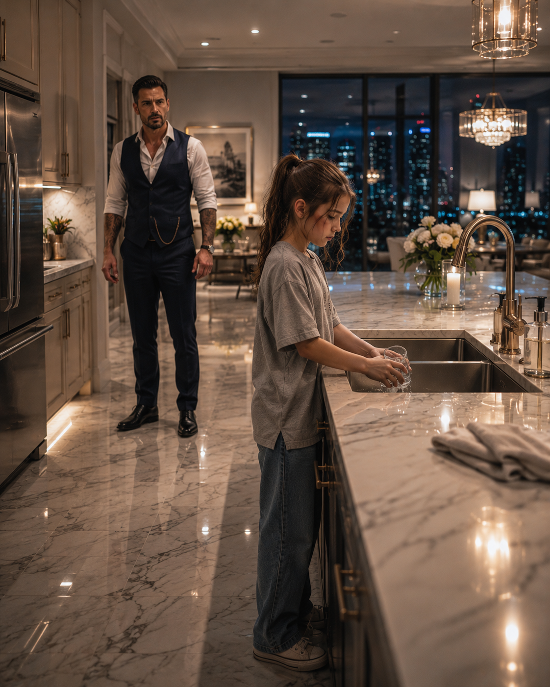 Mafia Boss Found His Maid’s Daughter Cleaning His Kitchen at 2 A.M. — Then He Saw Her Bruises That Broke Him