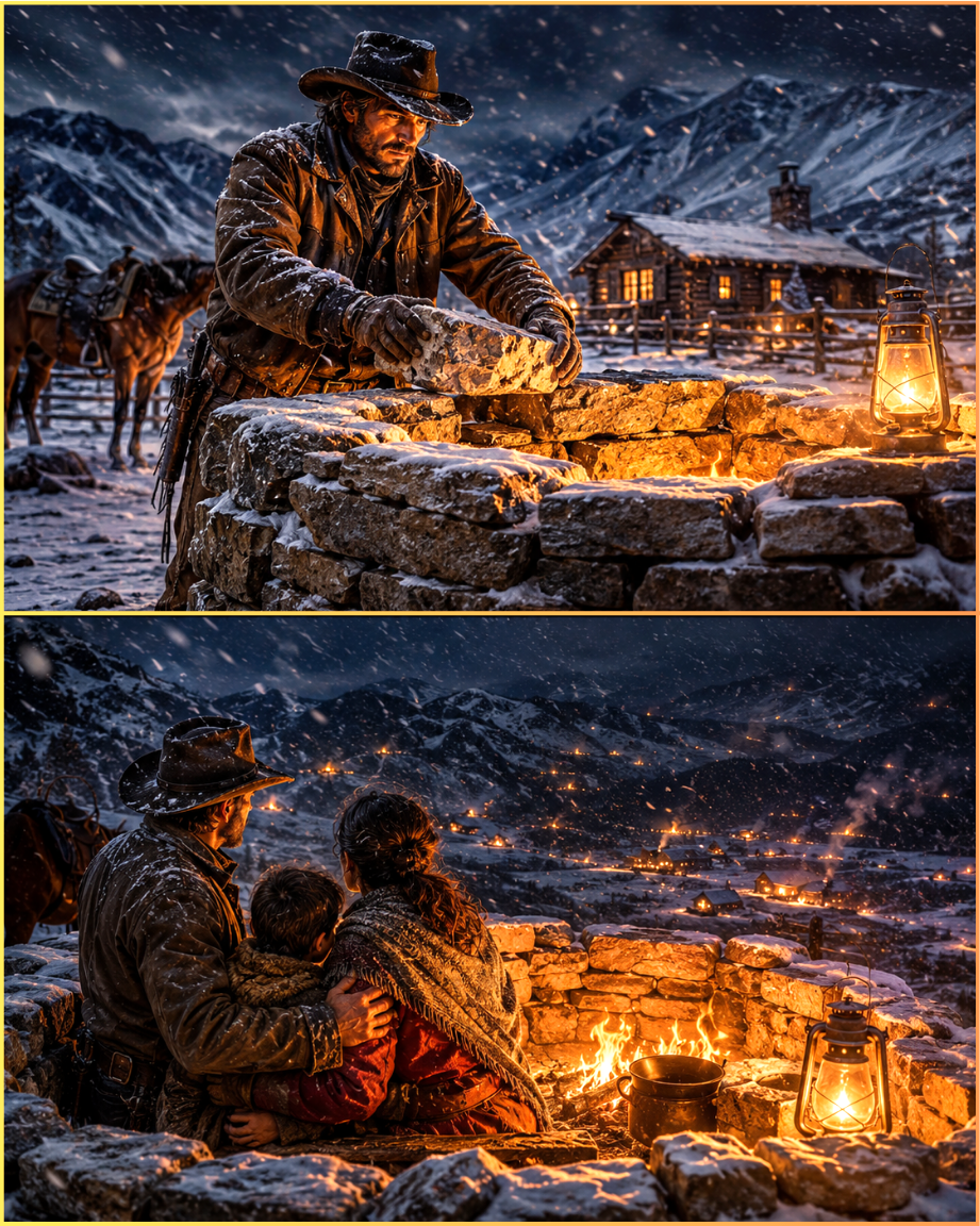 The Rancher Called His Stone Wall a Coffin—Then the Blizzard Hit and Every Other Fire in the Valley Went Out  tạo ảnh, cỡ 4:5 mang vibe điện ảnh nghệ thuật, màu tươi sáng, sinh động, hấp dẫn, hạn chế chữ trong ảnh tạo ảnh 2 khung ngang split-screen cinematic storytelling composition, two stacked scenes, top panel showing [DIỄN BIẾN 1], bottom panel showing [DIỄN BIẾN 2], same characters in both panels, emotional continuity, cinematic lighting, dramatic storytelling, ultra realistic, expressive faces, movie still style, highly detailed, warm color grading, masterpiece, 4:5 ratio  bối cảnh cao bồi miền tây