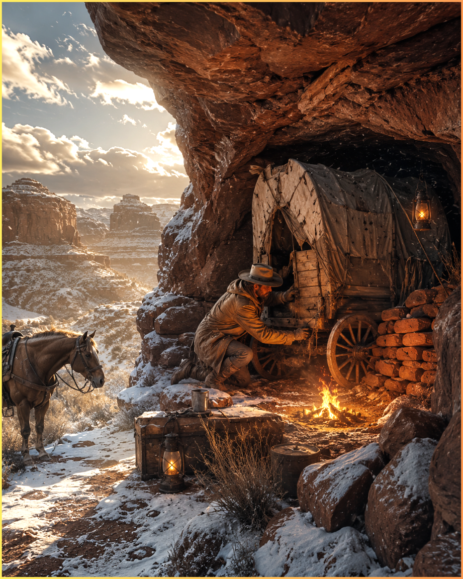 He Pulled a Wrecked Wagon Into a Rock Hollow and Sealed Every Gap — The Blizzard Never Touched Him