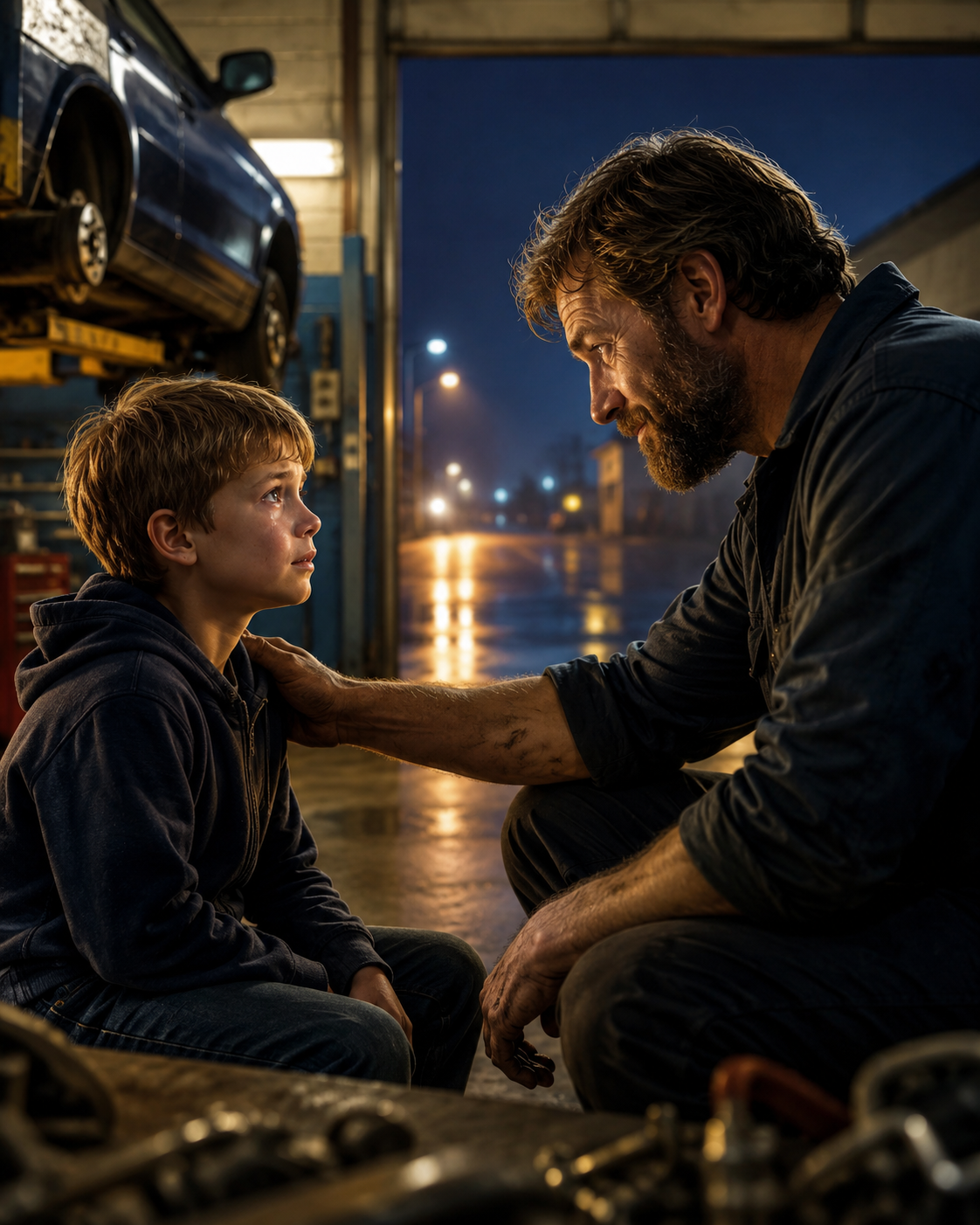A silent boy asked a mechanic one question at 2 a.m. — and the answer brought back the voice grief had stolen.