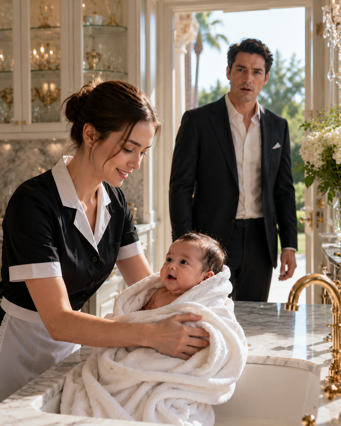 The housekeeper bathed the billionaire’s forgotten baby in a kitchen sink — then her father walked in.