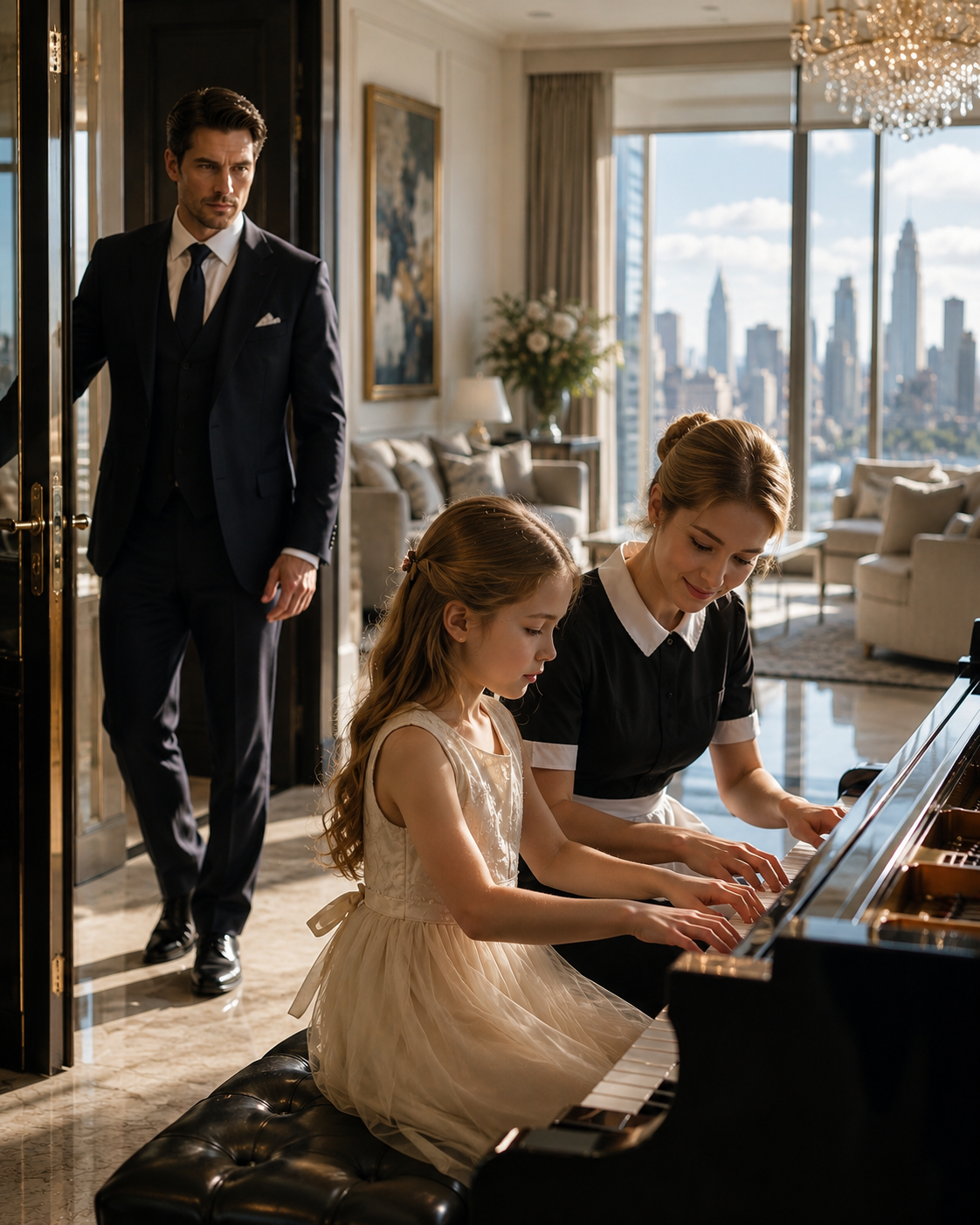 A billionaire came home early and heard piano from his apartment—then found his silent daughter making music with a stranger.