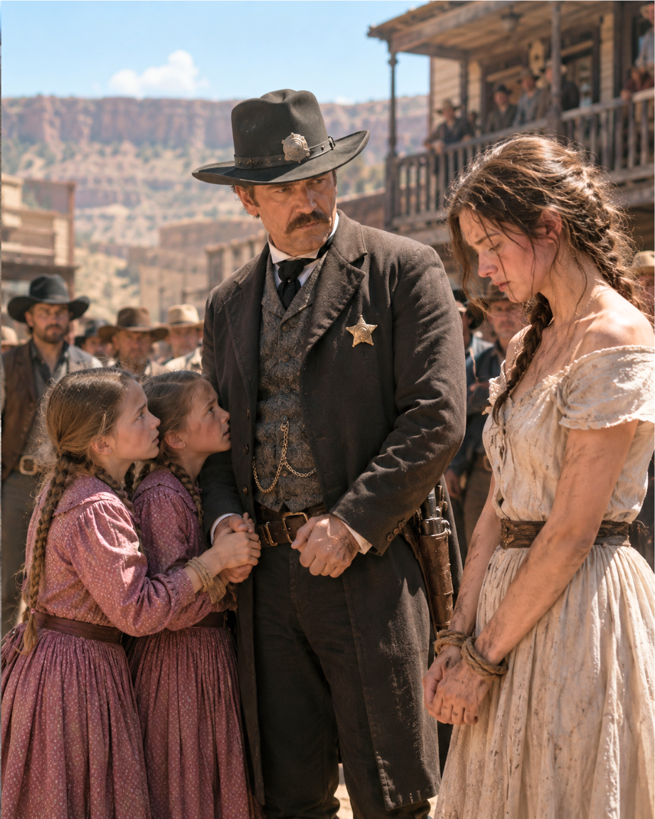 The Sheriff Offered Her as a Wife to Any Man Who’d Take Her—Then His Twin Daughters Grabbed His Hands and Whispered 3 Words That Changed Everything