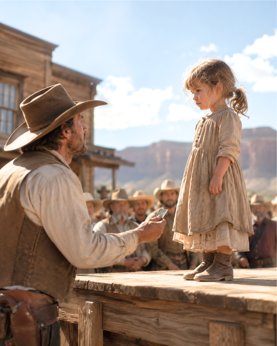 A three-year-old girl stood on an auction block while the crowd called her broken—Then a rancher paid five dollars and said “It’s not charity”