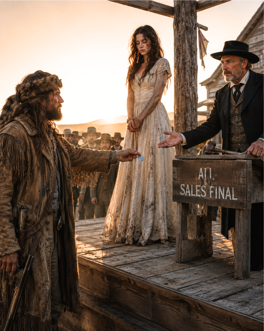 A debt collector put a girl on the auction block at dawn—Then a mountain man threw down one silver dollar and said “Under my roof. Free of the lash.”