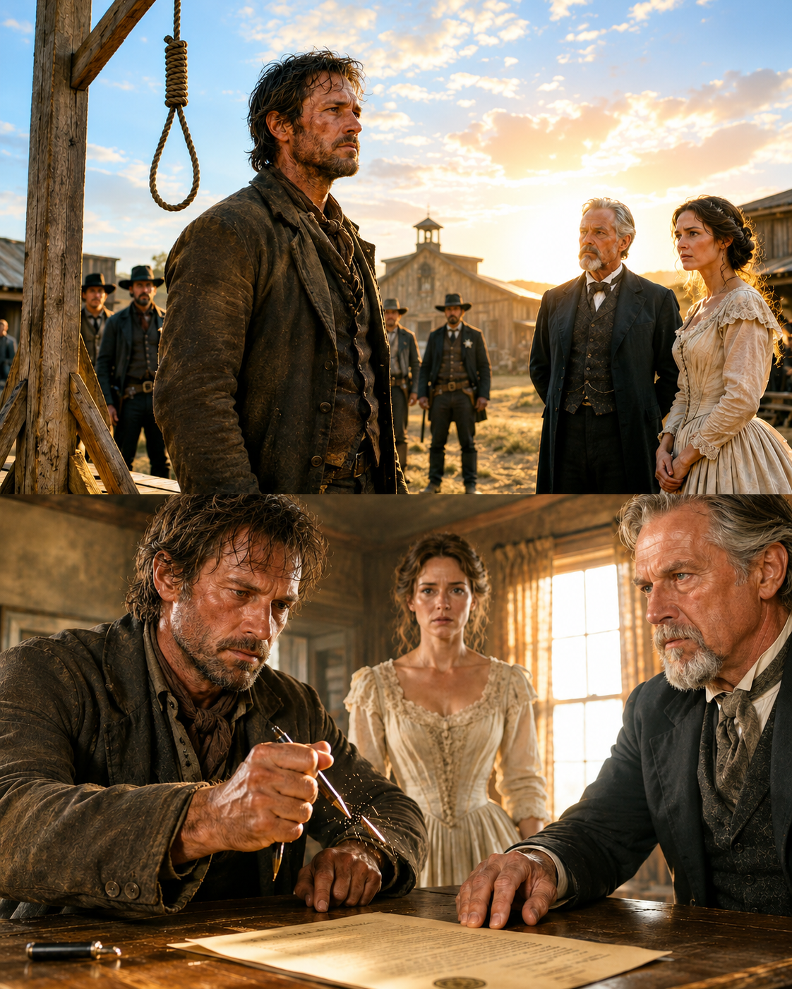 A man with a noose waiting for him at sunrise was forced to marry the town’s “old maid” to save her father’s land deal—Then her father slid the deed across the table and said “Sign it over,” and the mountain trapper snapped the pen in half