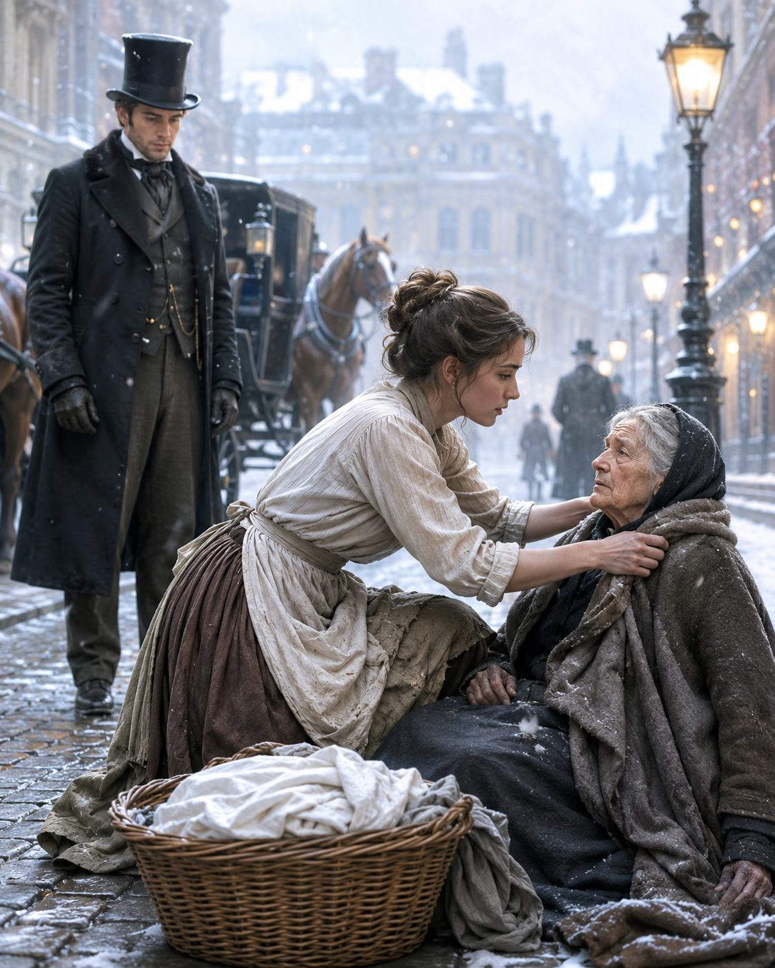 A Laundry Girl Risked Her Job to Save a Freezing Old Woman… She Never Expected the Beggar to Be the Duke’s Mother