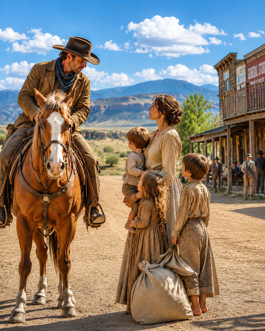 A widow walked toward town to give her starving children away—Then a stranger on horseback stopped and said “There’s a ranch hiring. I can take you there. All three of you”