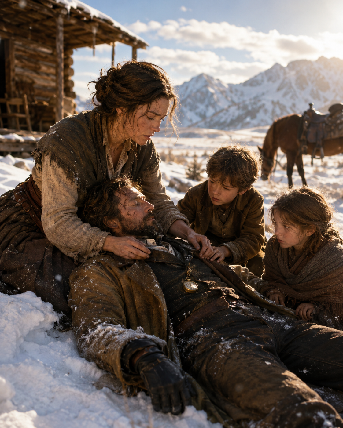 The Starving Widow and Her Two Children Found a Wounded Stranger in the Snow — Then the gold watch in His Coat Changed Everything They Thought They Knew