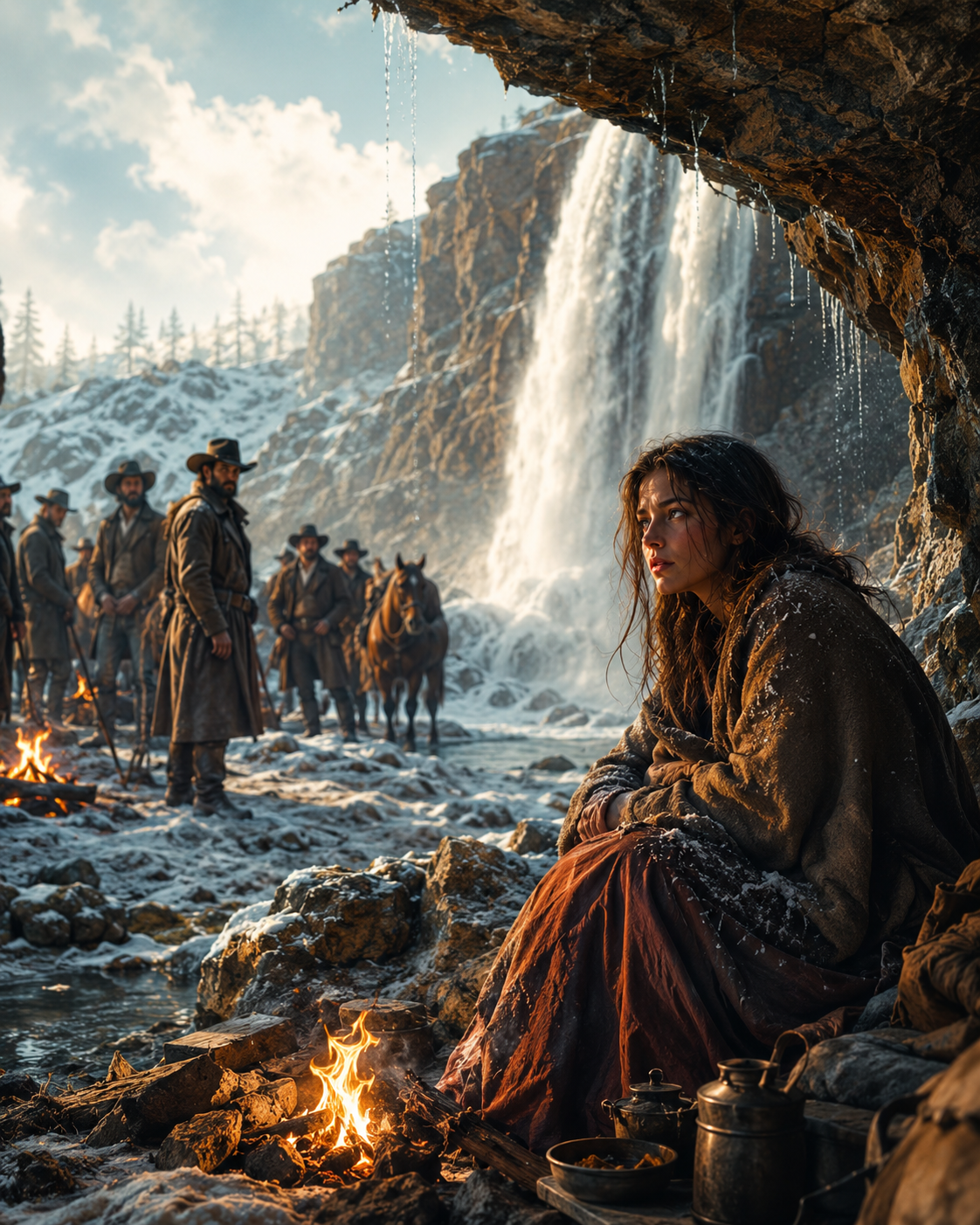 The Timber Camp Cast Her Out as a Thief — Then She Survived the Blizzard in a Hidden Cave Behind the Falls