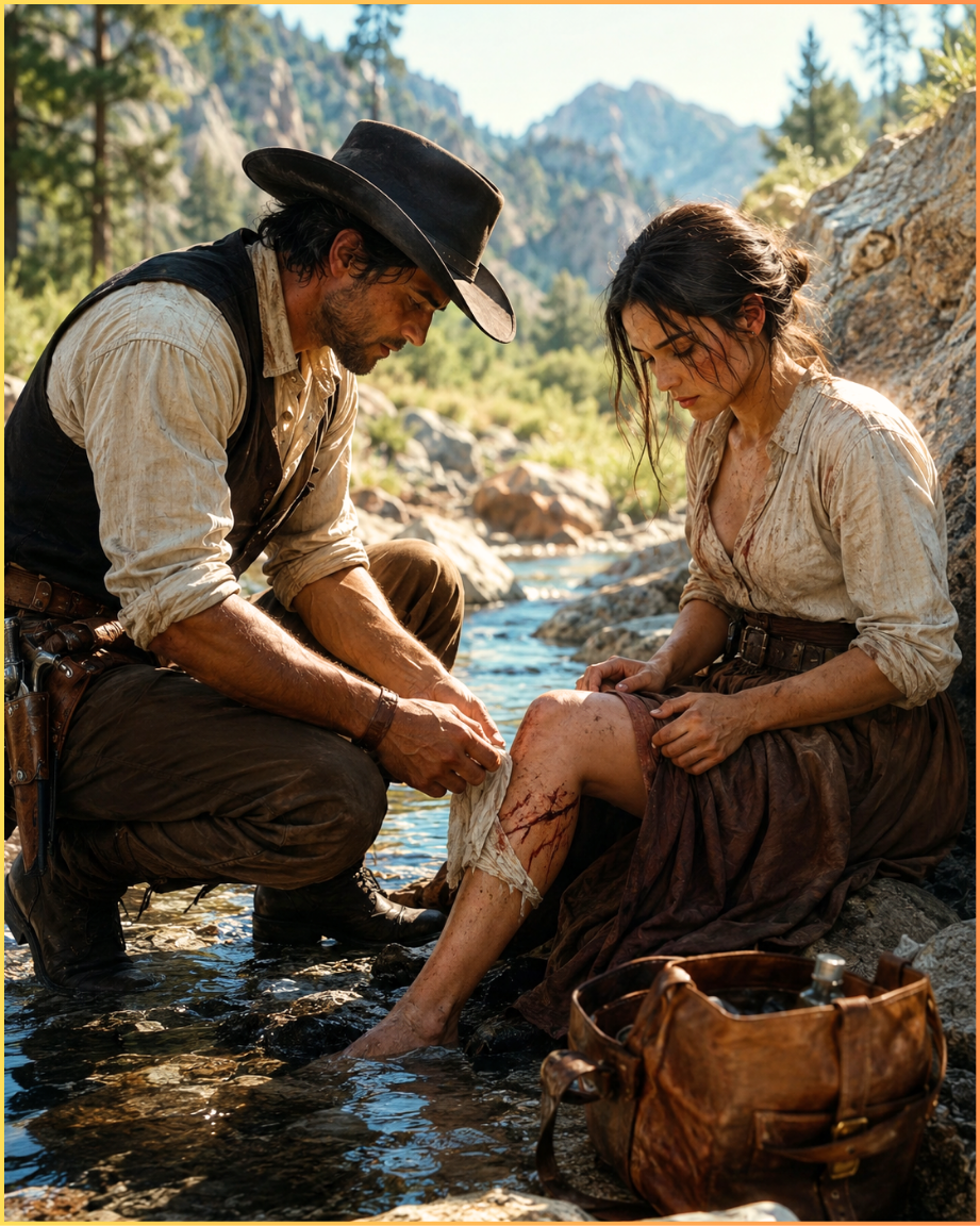 He Found Her Alone at a Mountain Creek Trying to Clean Her Own Wounds—He Said Nothing, Knelt Down, and Did It Right