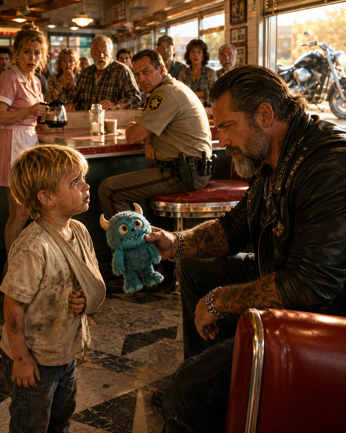 A Five-Year-Old With a Broken Arm Asked a Billionaire Biker for a Monster — Then Everyone Saw Why the Sheriff Never Moved