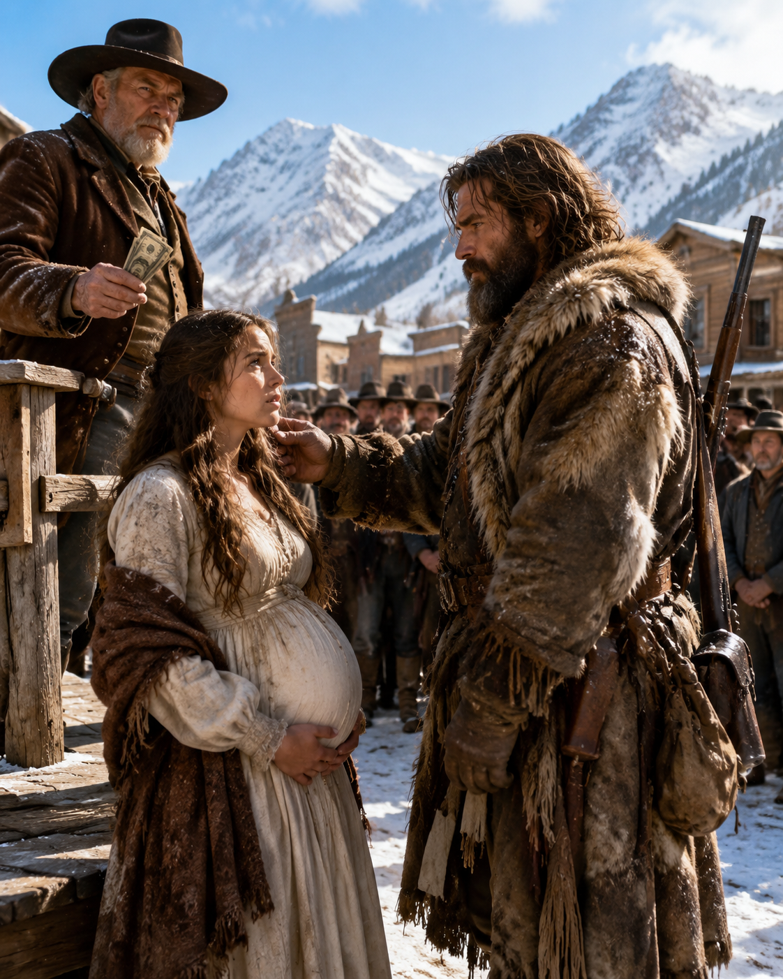 A Pregnant Girl Was Sold by Her Father From a Town Square for Fifty Dollars— Until a Mountain Man Stepped Out of the Snow